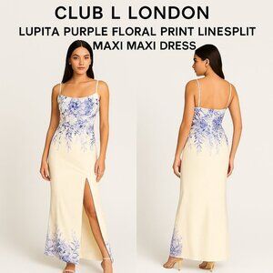 Club L London Lupita Maxi Dress Purple Floral Print Linen Blend Slit Size 8 NWT